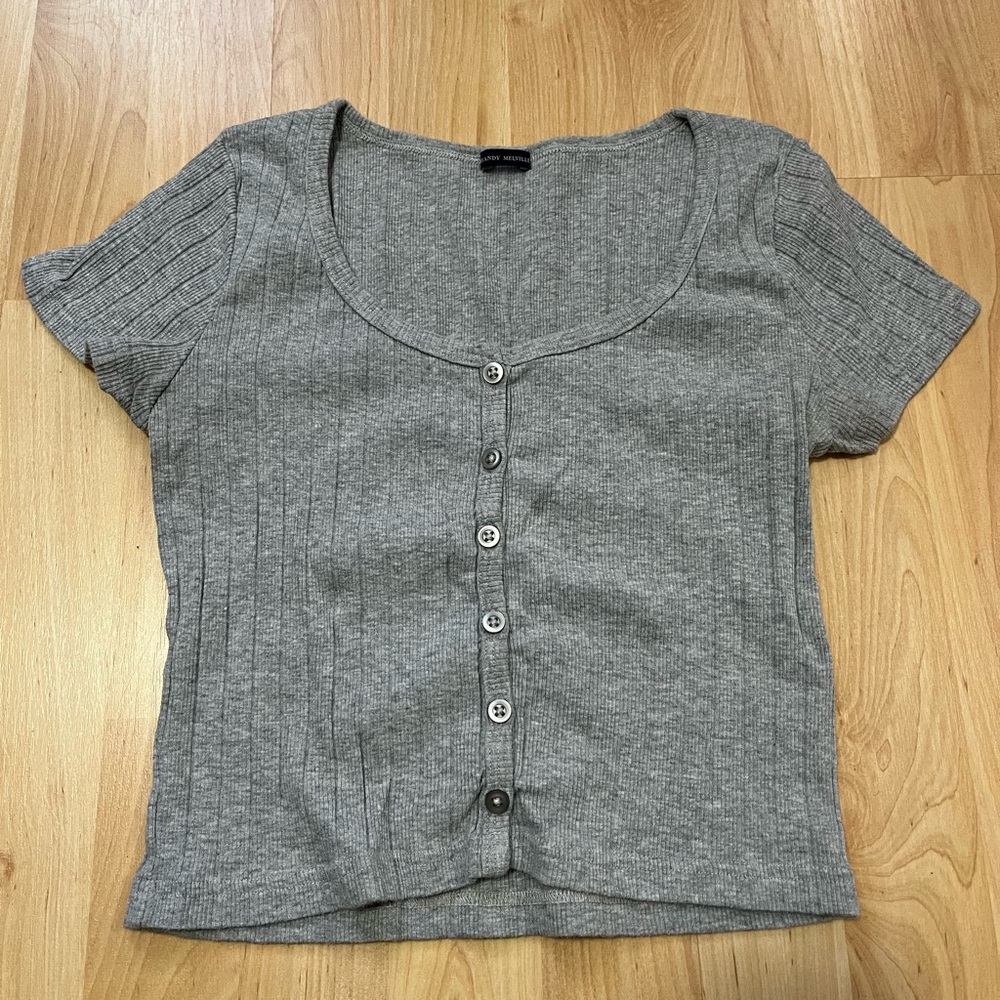 Brandy Melville Gray Short Sleeve Button-Up Top
